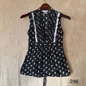 Vtg Charlotte Russe 90s y2k Blk/white Floral Babydoll Top W/Tie Small